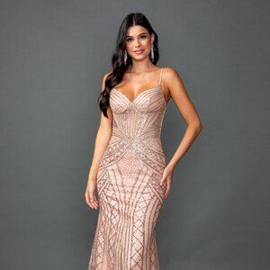 New Rose Gold Sequins Embellished Evening Dress w/ Sweetheart Neckline DQ 4584